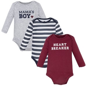 Hudson Baby Infant Boys Cotton Long-Sleeve Bodysuits 3-Pack, Burgundy Heartbreaker - 1 of 4
