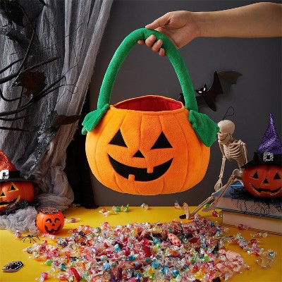 Joyfy Halloween Pumpkin Plush Tote Bucket, Cute Goody Basket with Handle for Kids, Trick or Treat Candy Bag, Halloween Party Favor Supplies