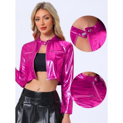 Женские куртки Allegra K Women's Stand Collar Metallic Zipper Cropped Party Club Long Sleeve Jackets Hot Pink X-Large — фото 3