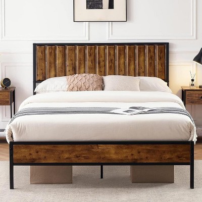 Homhougo Full Bed Frame with Headboard Footboard Rustic Wood Bedframe Farmhouse Platform Bed Frame with Metal Slat Wrought Rod, Brown
