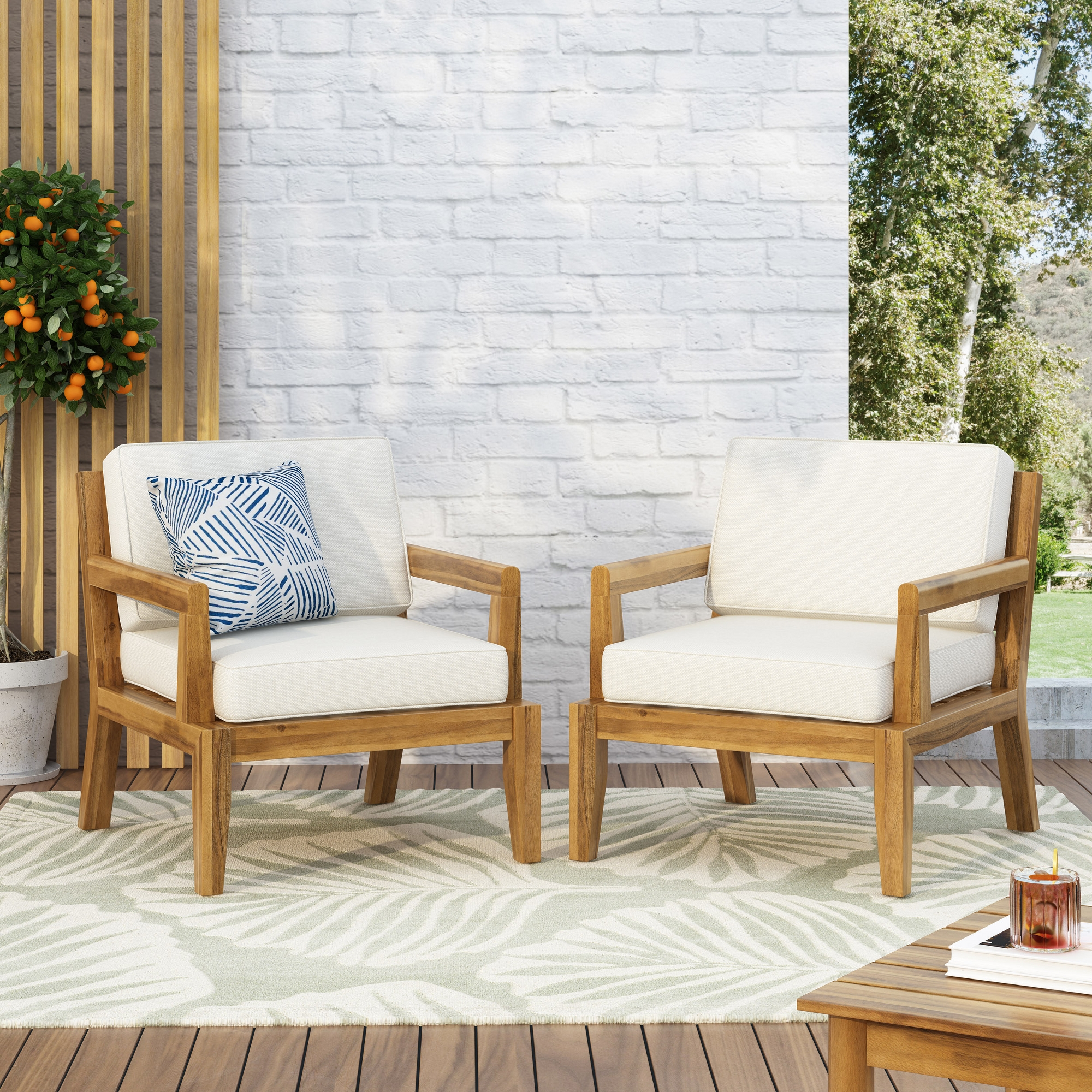 Christopher Knight Home Camak Outdoor Acacia Wood Club Chair with Cushions (Set of 2), Teak/Beige