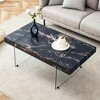 Modern Coffee Table Glasss Cocktail Table Center Table End Table Side Table Accent Table with Marble-Patterned Top, White/Wood/Black-ModernLuxe - 2 of 4