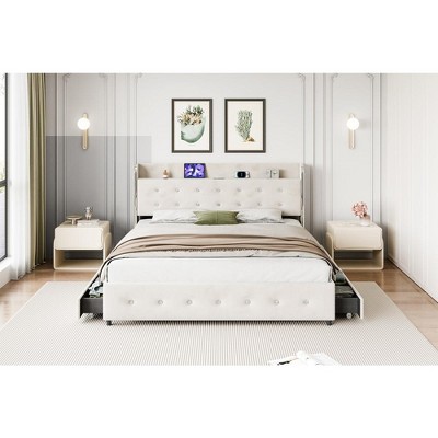 Upholstered Platform Bed Frame with Trundle and 4 Storage Drawers