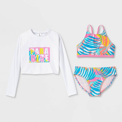 Girls' 3pc' Just Beachy' Cropped Rash Guard Set - Art Class™ L