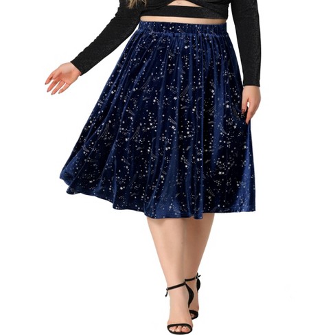 Agnes Orinda Women s Plus Size Halloween Outfits Velvet A Line Knee Length Star Flare Skirt Navy Blue 1X