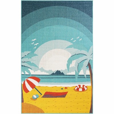 Coastal Beach Scene Multi-Color Synthetic Outdoor Area Rug 5x8