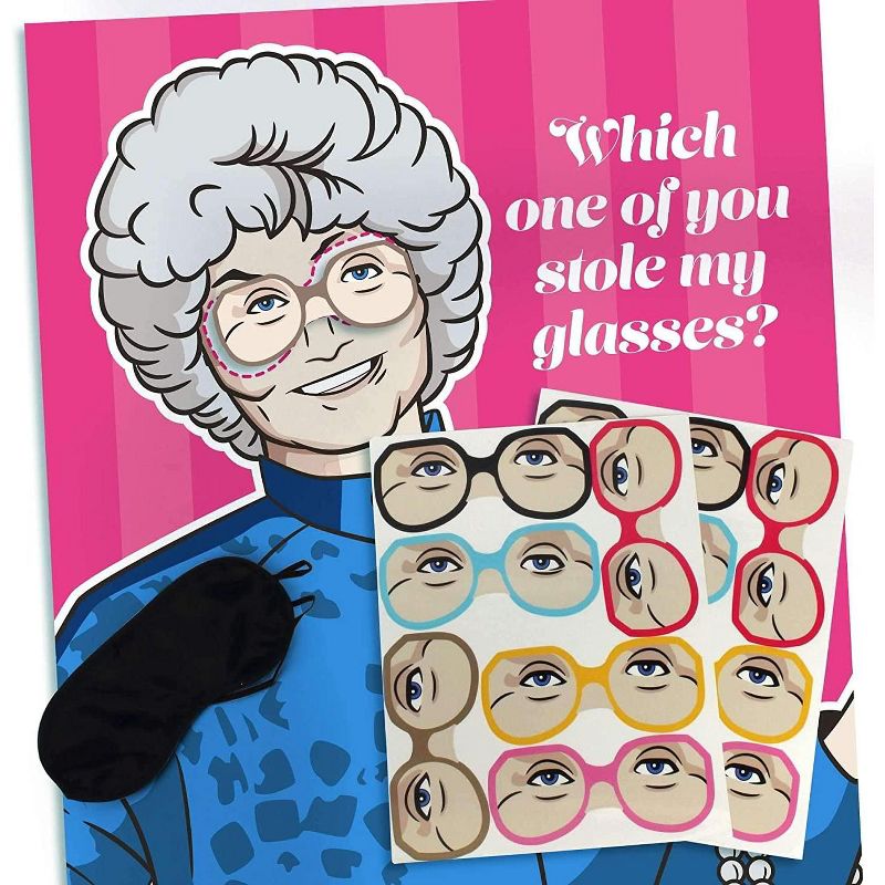 Prime Party The Golden Girls Pin the Glasses on Sophia Party Game | Poster: 19.5" x 27.5", Includes 12 glasses (stickers) and one polyester blindfold., 3 of 4
