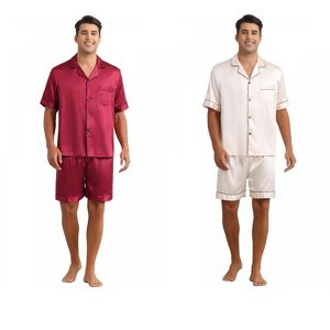 INSPIRE CHIC Men's 2 Pack Satin Pajamas Set Classic Short Sleeve Loungewear - 1 of 4