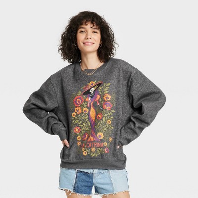 Women's Dia De Los Muertos Floral Celebration Graphic Sweatshirt - Charcoal Gray