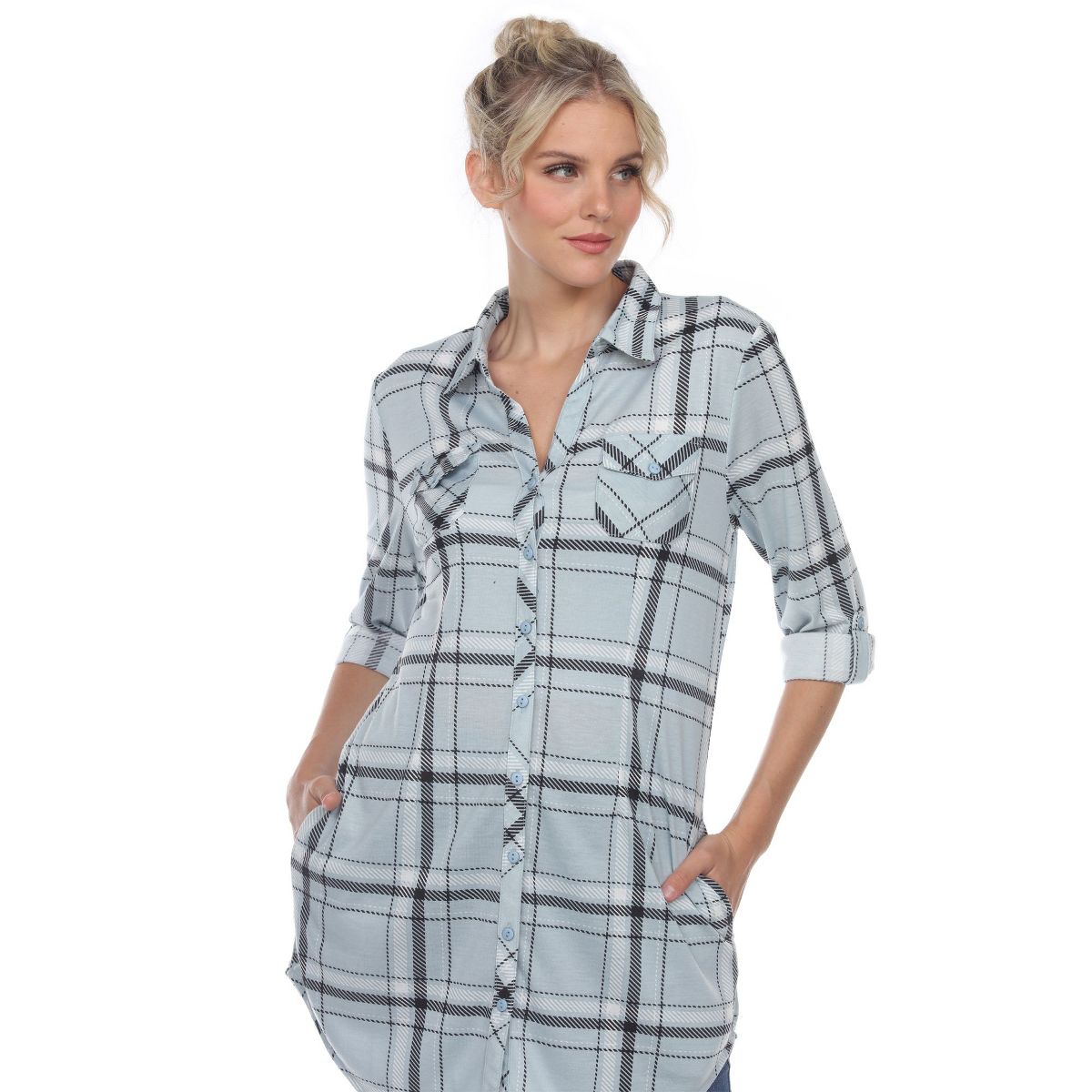 Women's Printed Plaid Roll Tab Tunic - White Mark - thumbnail 10