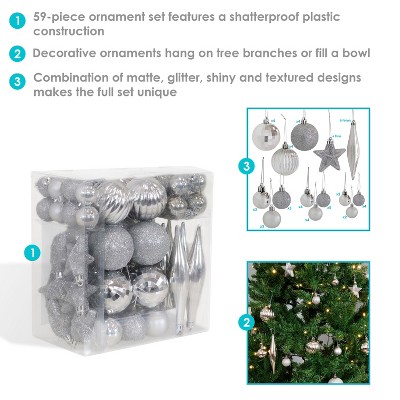 Silver Shatterproof Plastic Christmas Ornament Set, 59 Pieces