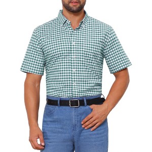 INSPIRE CHIC Men's Point Collar Short Sleeve Button Down Checked Plaid Dress Shirt - 1 of 4