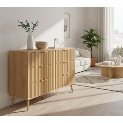 Homy Casa 6-Drawer Decorative Storage Cabinet with Grooved Front and Brass Handles, Natural Oak