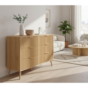 Homy Casa 6-Drawer Decorative Storage Cabinet with Grooved Front and Brass Handles, Natural Oak - 1 of 4