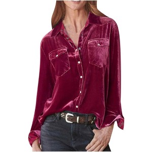 Women Casual V Neck T Shirt Velvet Long Sleeve Button Down Blouses Solid Color Slim Lapel Collar Tunic Tops Tees - 1 of 2