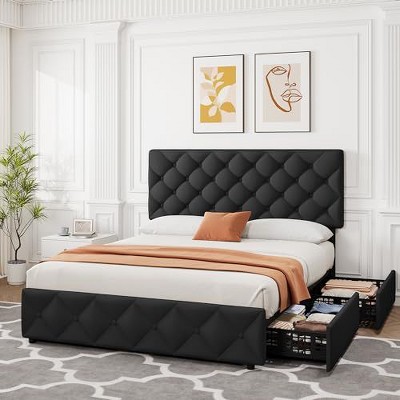 Full Size Bed Frame with 4 Storage Drawers and Headboard, Linen Upholstered Platform Bed Frame