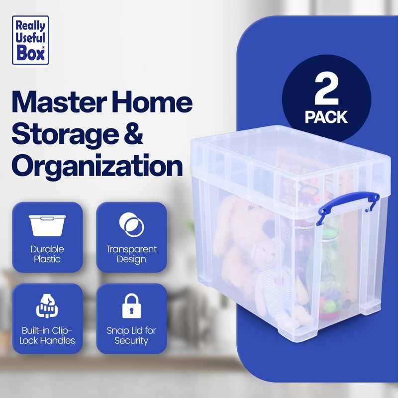 Really Useful Box 19 Liters Transparent Storage Container with Snap Lid and Clip Lock Handle for Lidded Home and Item Storage Bin, 2 Pack, 2 of 7