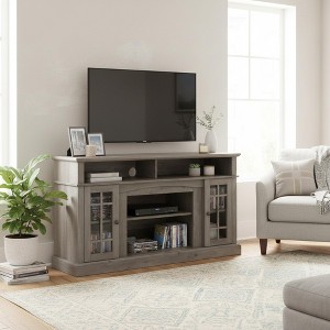 Homy Casa 65" TV Stand with Glass Cabinet Doors and Open Media Storage for Living Room - 1 of 4