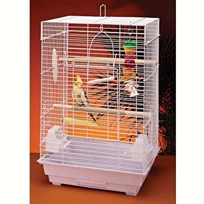 Penn-Plax Cockatiel Bird Cage Starter Kit, 27 Inch Cage with Kabob Toy, Cuttlebone, Treat, and Wood Perch, White, Model: BCK4