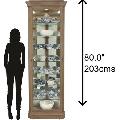Aged Gray Lighted Corner Curio Cabinet with Glass Shelves