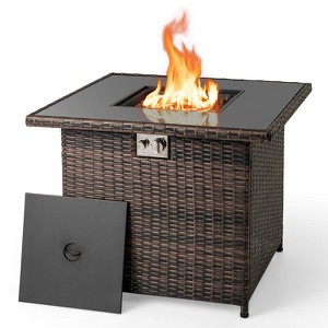 Costway 32.5" Propane Fire Pit Table Outdoor Wicker Gas Firepit with Stainless Steel Burner Brown/Black/Gray - 1 of 4