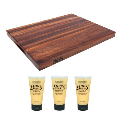 John Boos Walnut Wood Edge Grain Reversible Cutting Board, 18 x 12 x 1.5 Inches and Block Wooden Butcher Board Natural Moisture Cream, 5 Oz (3 Pack)