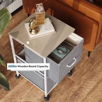 Light Gray Fabric and Steel 2-Drawer Mobile File Cabinet with Wooden Top