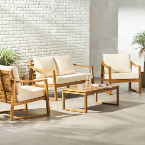 Christopher Knight Home Samwell Outdoor Acacia Wood 4 Seater Chat Set with Water Resistant Cushions - 1 of 4
