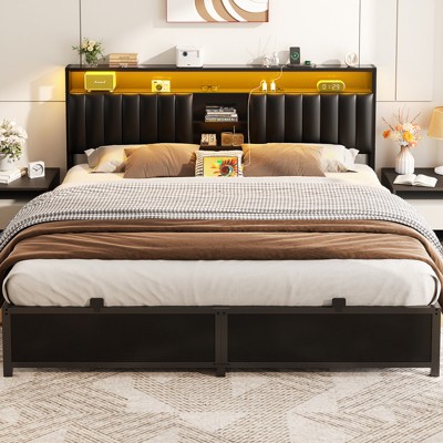 Aheaplus Platform Beds with Upholstered Headboard, Charge Station, and LED Lights