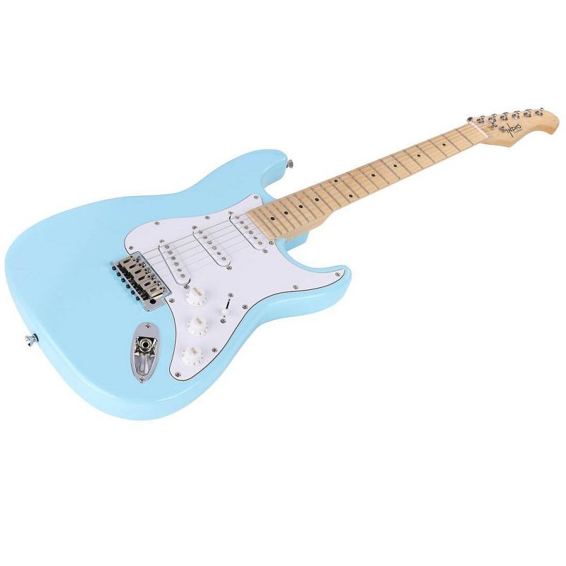 Monoprice Cali DLX Plus Solid Ash Electric Guitar, Wilkinson Bridge and SSS Pickups, with Gig Bag, Right Orientation, Light Blue with Maple Fretboard, 4 of 7