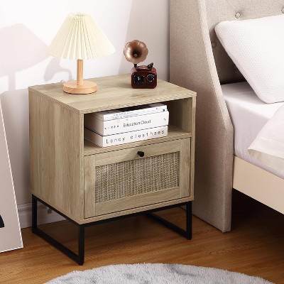 Homhougo Rattan Nightstand, Boho Wooden Night Stand with Drawers and Open Shelves, Bedside Table Sofa Side Table for Bedroom Living Room, Beige