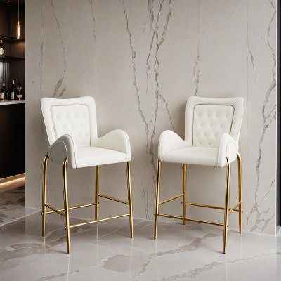 28.75inch Counter Height Bar Stools Set of 2, Bar Height Arm Chairs, Velvet Fabric Stools with Golden Legs and Footrests - Leovsnove