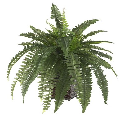 Nearly Natural Green Silk Fern in Wicker Basket