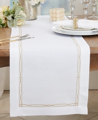 White and Gold Embroidered Border Polyester Table Runner