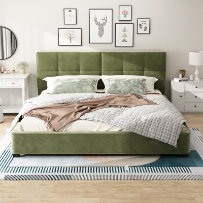 Upholstered Platform Bed with Curved Tufted Headboard, Velvet Fabric Frame Bed for Bedroom-Baofuwish