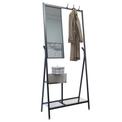 Garvee Aluminium Coat Rack with Mirror, Mirror Coat Rack with Shoe Storage + Multiple Hooks, for Bedroom Living Room Entryway Hallway, Black