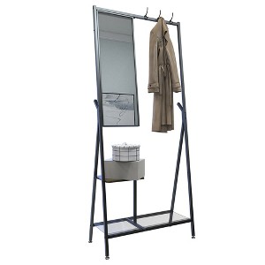 Garvee Aluminium Coat Rack with Mirror, Mirror Coat Rack with Shoe Storage + Multiple Hooks, for Bedroom Living Room Entryway Hallway, Black - 1 of 4