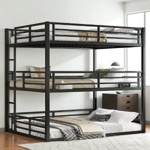 Queen Over Full XL Over Queen Bunk Bed, Metal Triple Bunk Bed Frame with Guardrails, Heavy-Duty Noise-Reduced Design,kids bed - 1 of 4