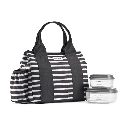 blue and white striped lunch bag