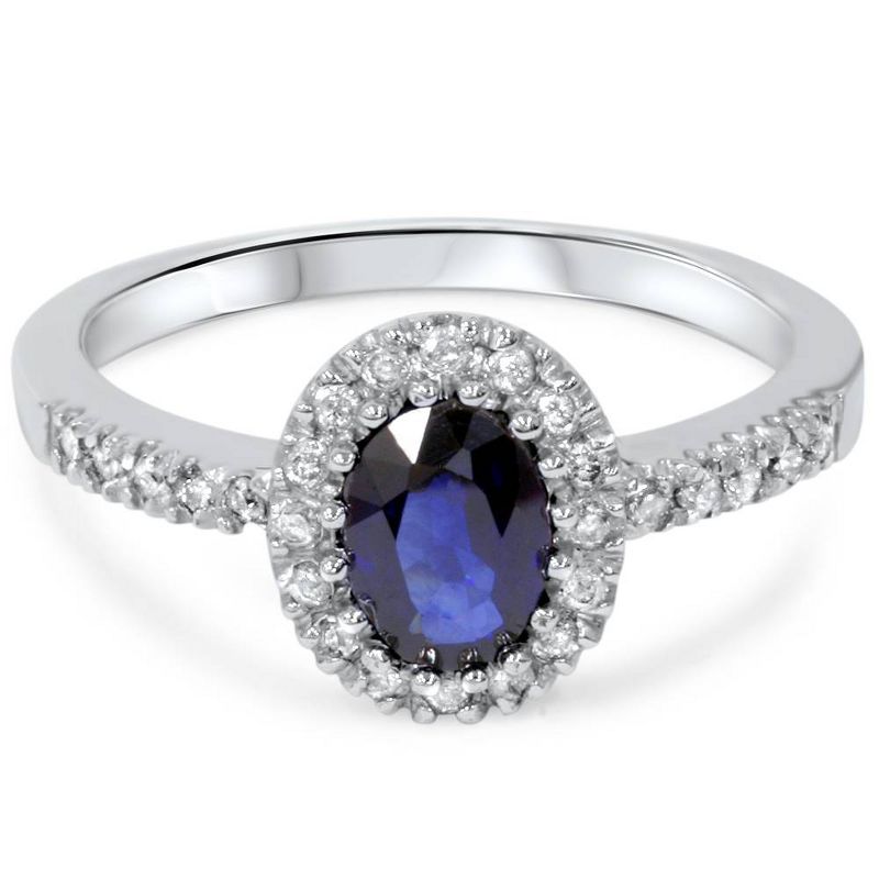 Pompeii3 3/4ct Oval Blue Sapphire Halo Diamond Ring 14K White Gold, 4 of 6