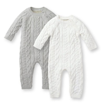 Image of Hope & Henry Baby Cable Knit Romper Gift Set, Gray Heather & White, 3-6 Months