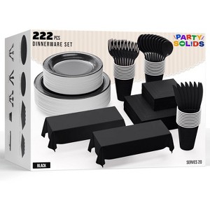 Exquisite Black Disposable Dinnerware Set 222 Pc for 20 Guests | Paper Plates, Plastic Cups, Cutlery, Napkins & Table Cover - 1 of 4