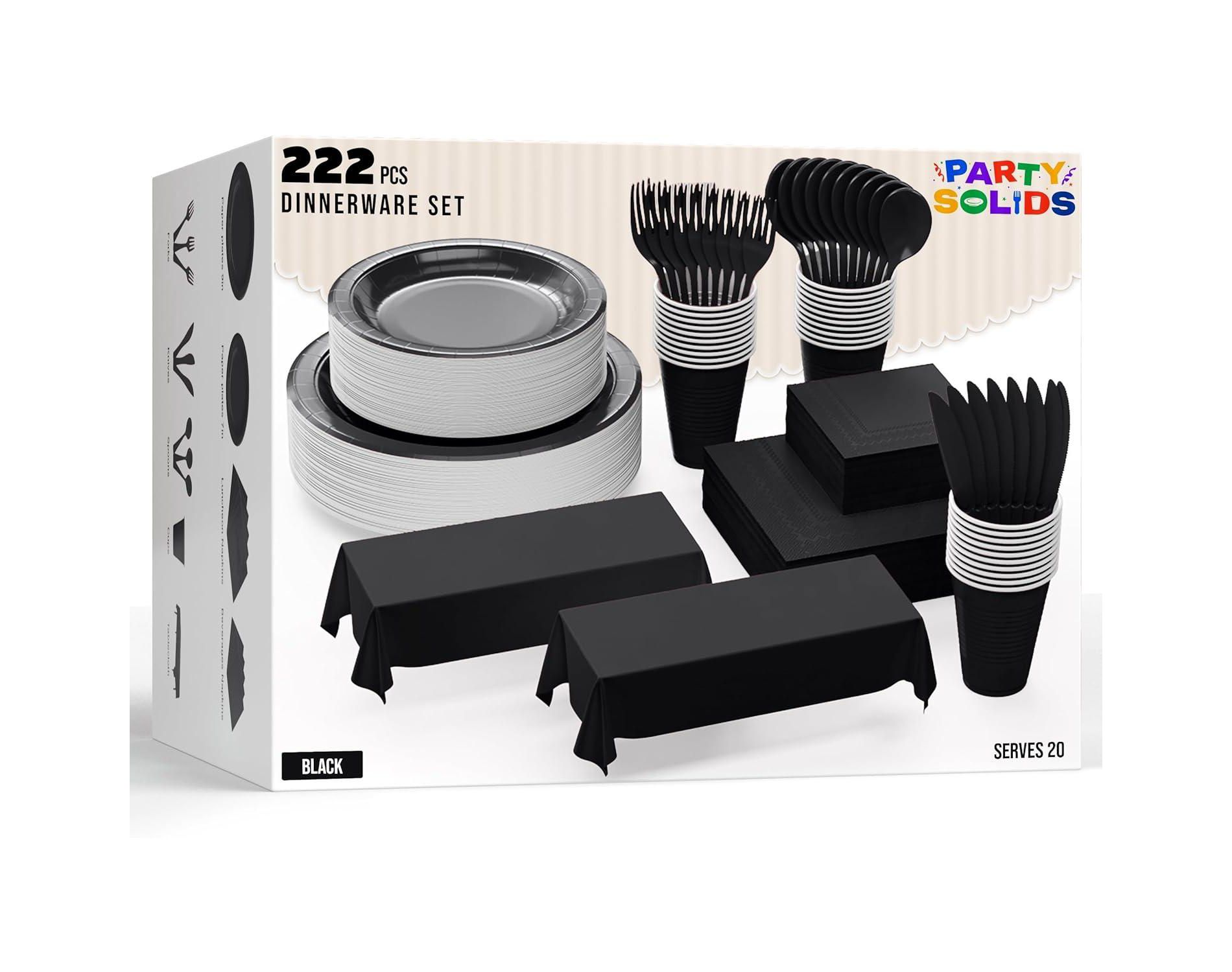Exquisite Black Disposable Dinnerware Set 222 Pc for 20 Guests | Paper Plates, Plastic Cups, Cutlery, Napkins & Table Cover