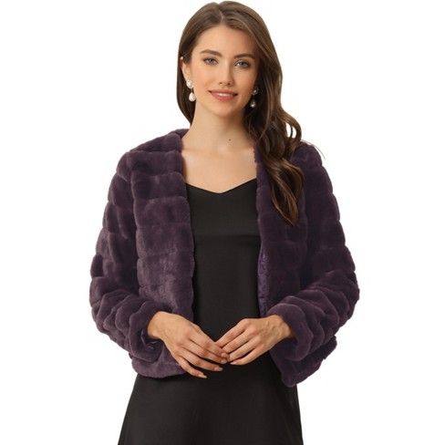 Allegra K Women s Winter Warm Cropped Collarless Faux Fur Fluffy Jacket Dark Purple Small Target