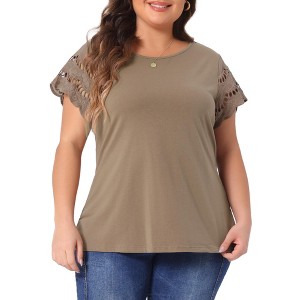 Agnes Orinda Women's Plus Size Round Neck Hollow Lace Panel Short Sleeve Casual Summer Blouses - 1 of 4