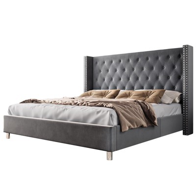 Bed Frame Upholstered Bed Wingback Headboard Velvet Tufted Diamond Button