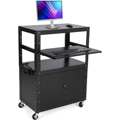 Mobile Utility Cart with Locking Cabinet, Pullout Keyboard Tray, Adjustable Height, Extra Storage,  Power Outlet, AV Cart without Extension Frame