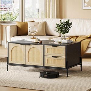Homhougo Rattan Mid Century Modern Coffee Table with LED Lights, 2 Storage Drawers and 2 Arched Doors, Farmhouse Living Room Table, Black - 1 of 4