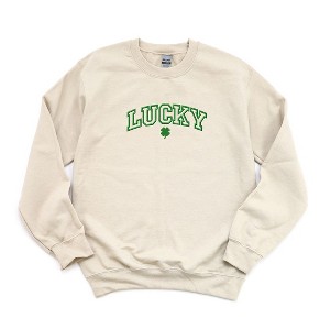 Simply Sage Market Women's Graphic Sweatshirt Embroidered Lucky Varsity Clover St. Patrick's Day- Green Ink - 1 of 3