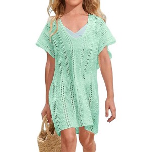 Girls Crochet Beach Cover Up Lightweight U Neck Kids Swimwear Above Knee Beach Cover Up for Girls Beachwear Tops - 1 of 4